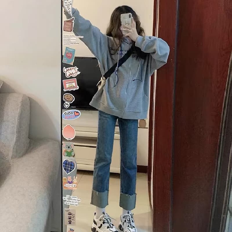 재고 있음 2026 임산부 봄과 가을 옷 세트 지퍼 후드 티 스웨터 맨위 청바지 봄 가을 투피스 세트 이미지 5