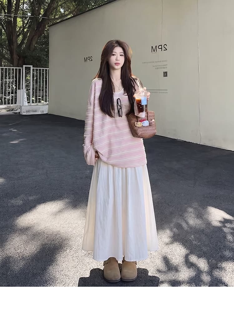 질량 선물 물품 2026 새로운 임산부 봄 가을 세트 루즈핏 스트라이프 맨위 복부 지지 반신 스커트 투피스 세트 상세 이미지 17