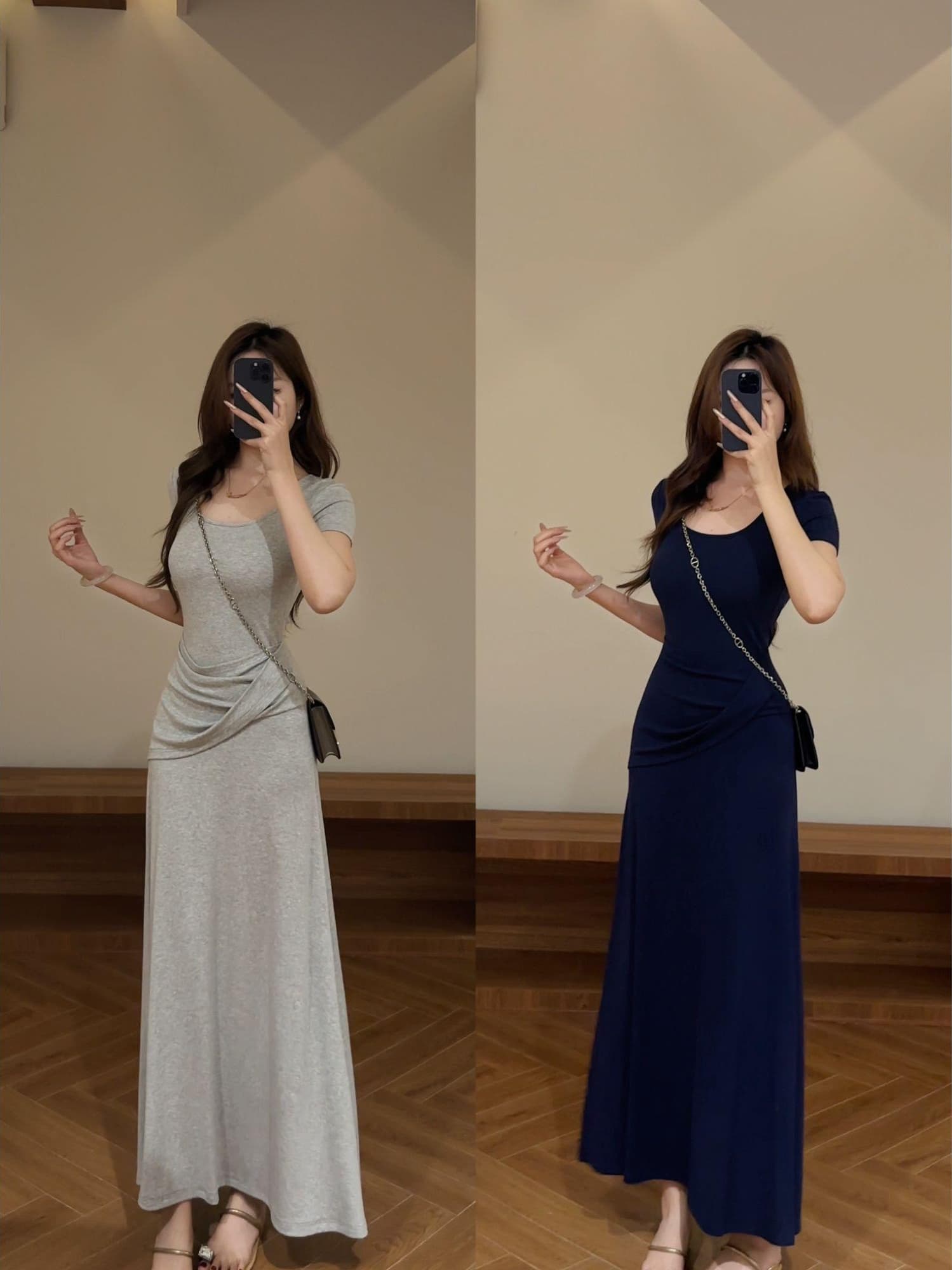 여름 새로운 비틀림 허리 수축 반팔 슬림해 보이는 품격 롱 코트 드레스