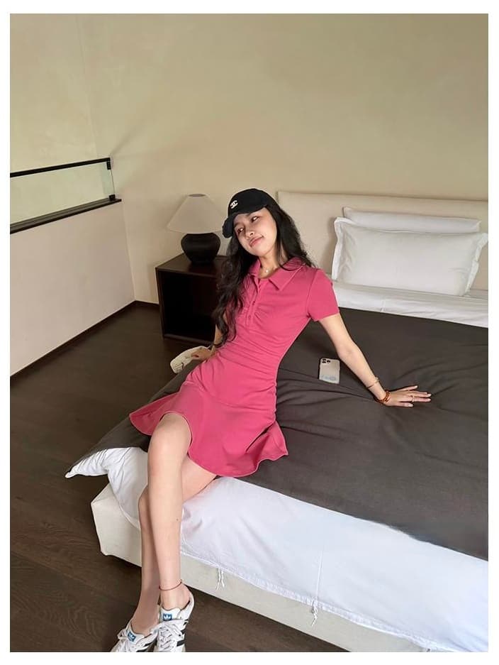 느슨함 치마 단색 핫걸 미니멀리즘 품격 허리 수축 POLO 칼라 캐주얼 프로 피부 슬림해 보이는 드레스 상세 이미지 16