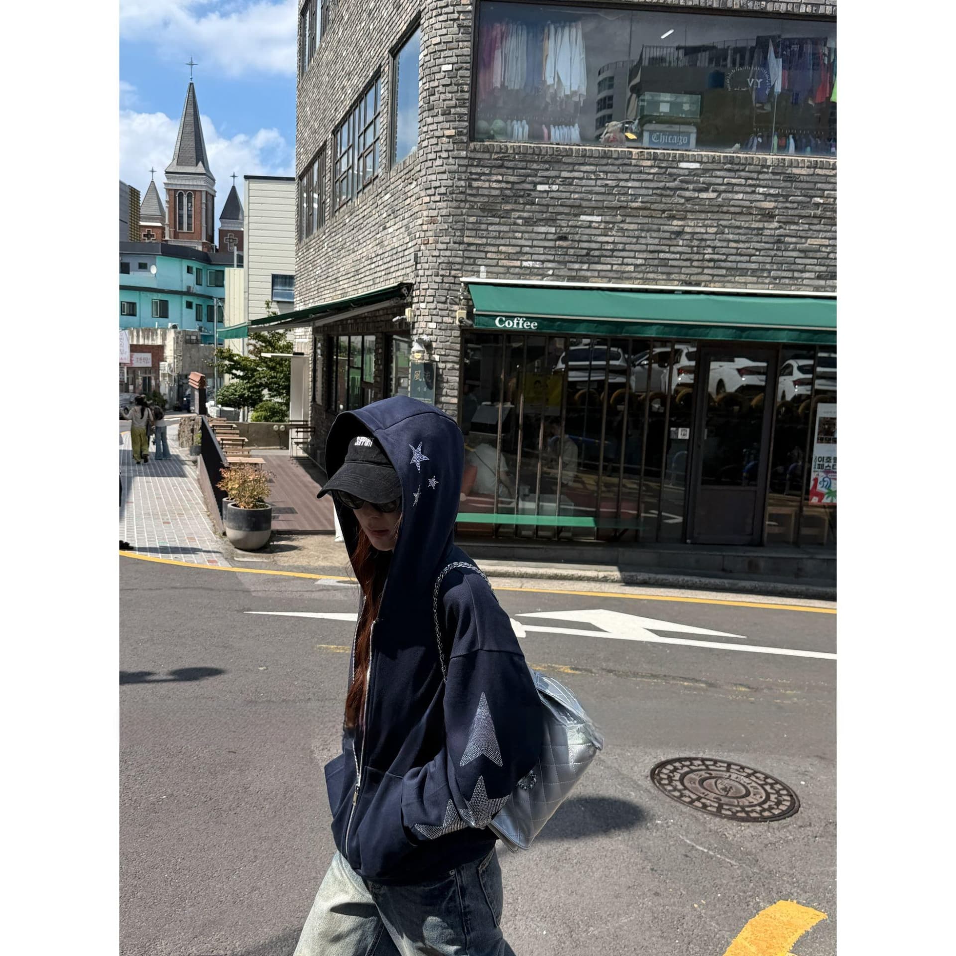 liuyiidol 후드티 가을 아메리칸 별 핫픽스 후드 티 스웨터 재킷 67297 상세 이미지 7