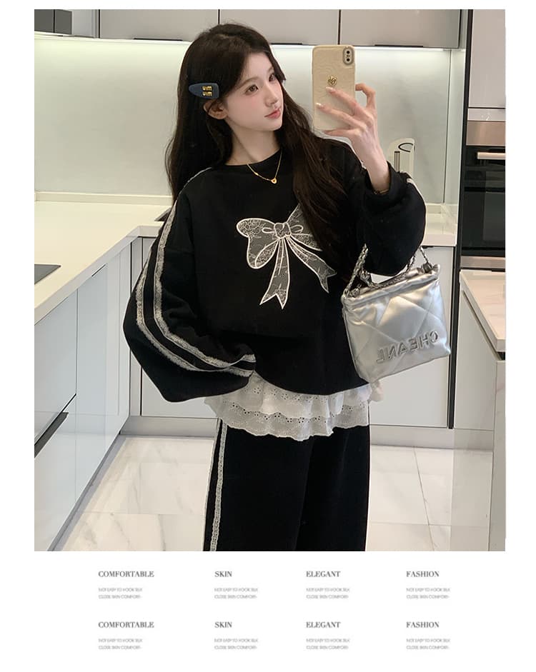 실사 지금 겨울 신제품 한국 스타일 느긋한 바람 후드티 맨위 레이스 조각 와이드 레그 팬츠 임산부 세트 상세 이미지 3
