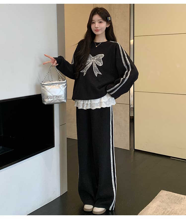 실사 지금 겨울 신제품 한국 스타일 느긋한 바람 후드티 맨위 레이스 조각 와이드 레그 팬츠 임산부 세트 상세 이미지 12