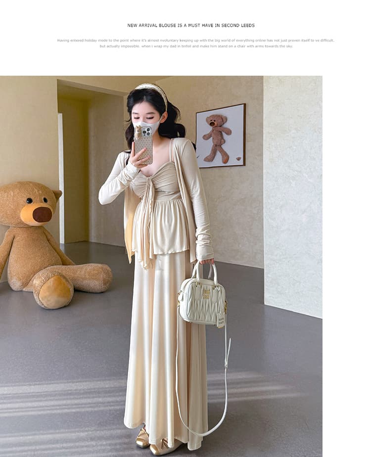 실사 xian 물품 봄 신제품 편안함 느긋한 임산부 슬립 와이드 레그 팬츠 오픈 가디건 3종 세트 세트 상세 이미지 14