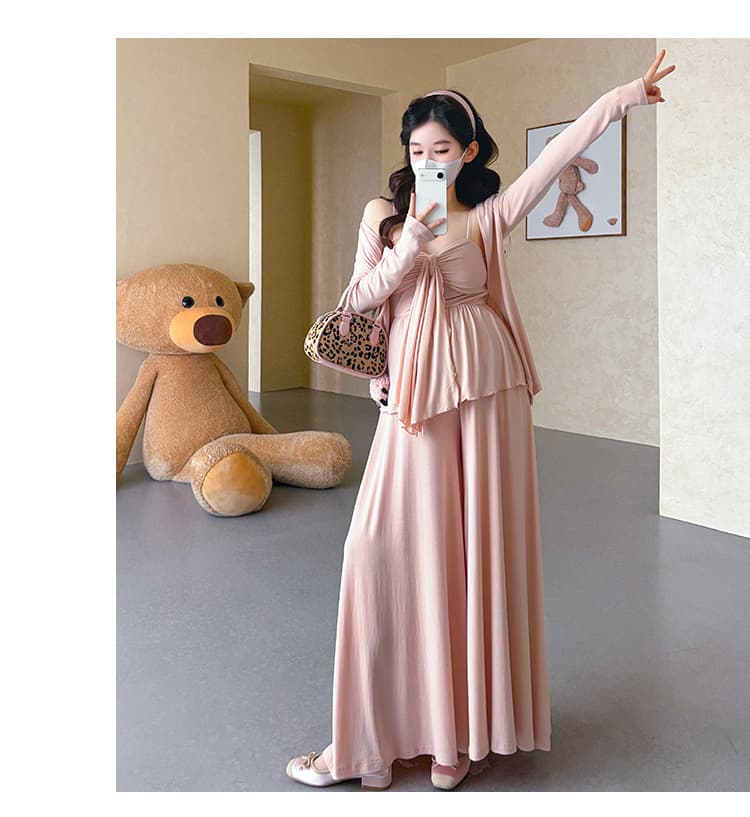 실사 xian 물품 봄 신제품 편안함 느긋한 임산부 슬립 와이드 레그 팬츠 오픈 가디건 3종 세트 세트 상세 이미지 29