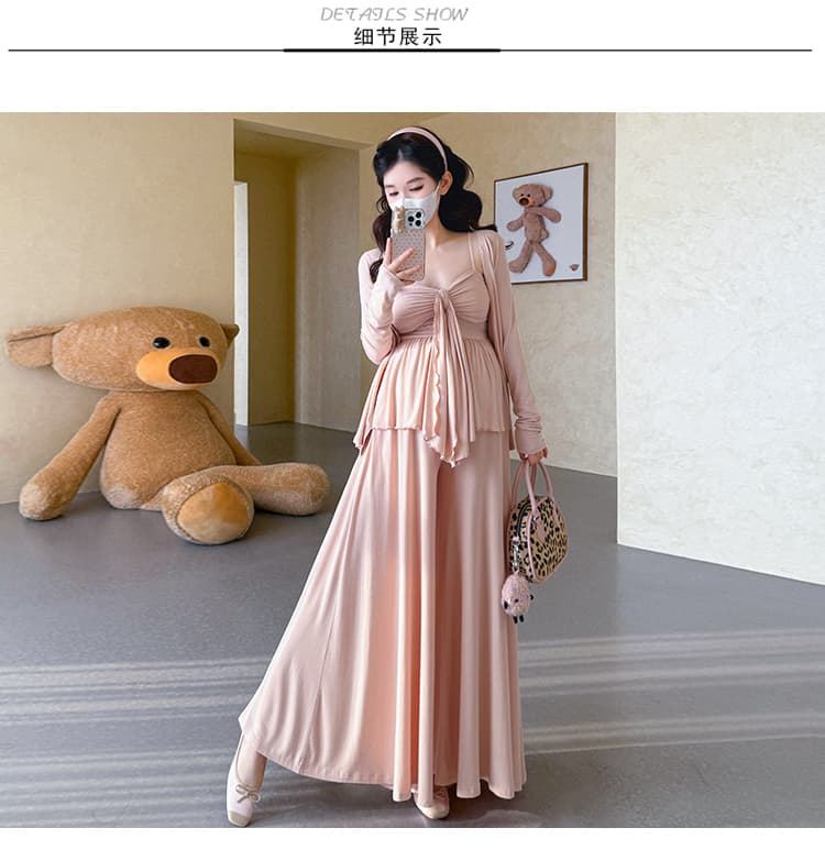 실사 xian 물품 봄 신제품 편안함 느긋한 임산부 슬립 와이드 레그 팬츠 오픈 가디건 3종 세트 세트 상세 이미지 34