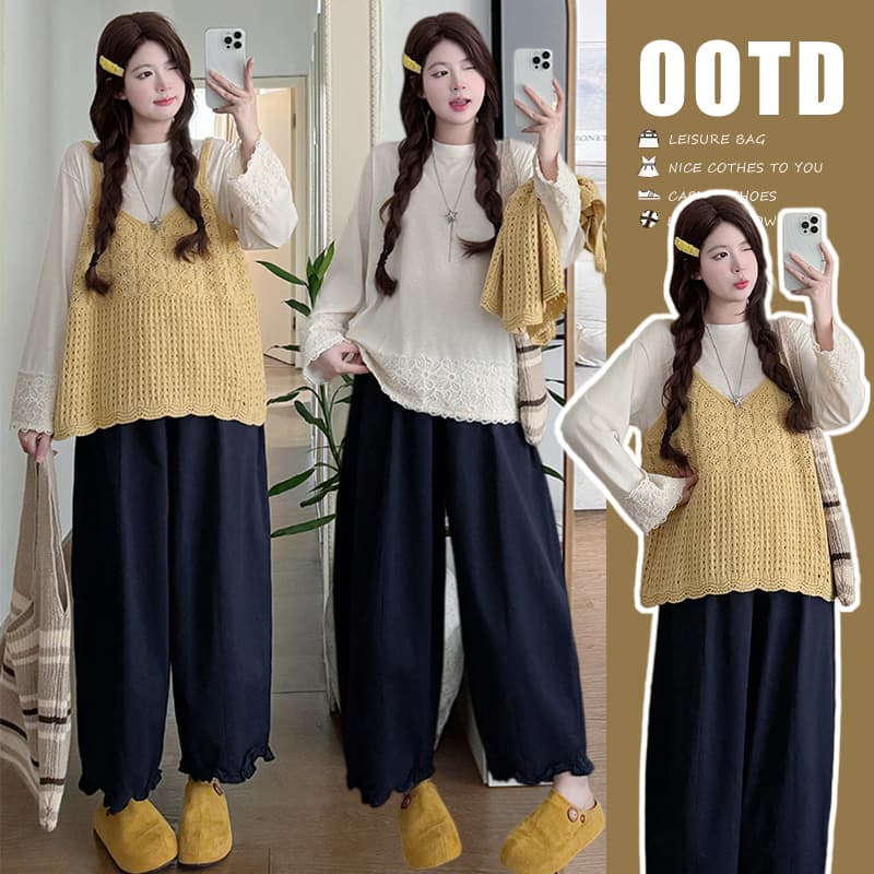 실사 xian 물품 봄 한국 스타일 패치워크 레이스 맨위 홀로우 아웃 베스트 와이드 레그 팬츠 돼지 코 버클 3종 세트 이미지 3