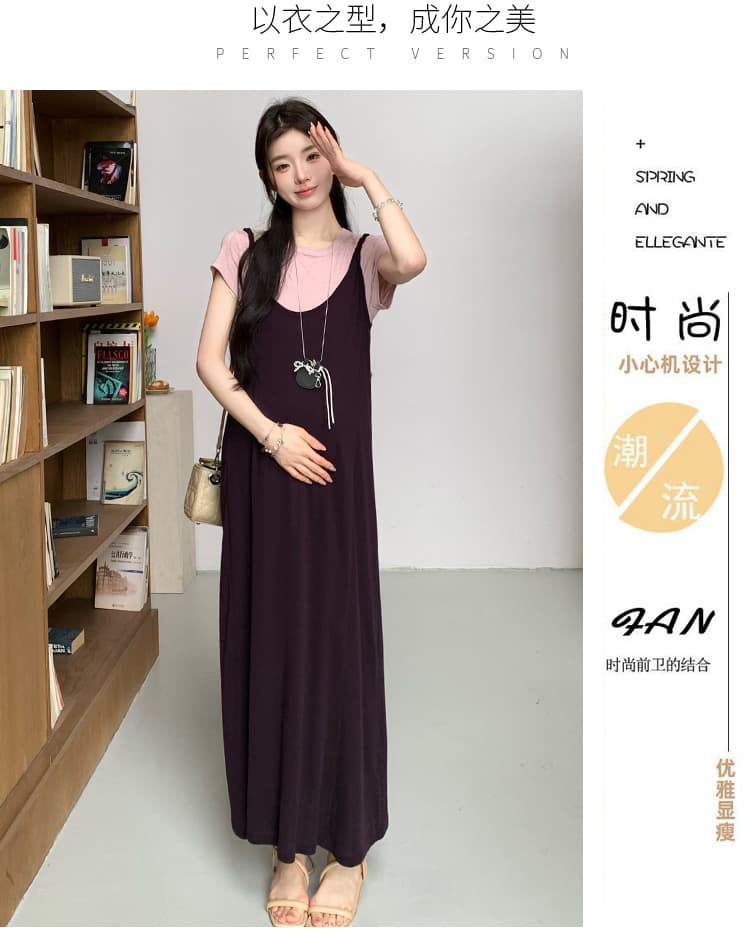 실사 지금 여름 신제품 핑크색 반팔 티셔츠 느긋한 바람 품격 멜빵 치마 세트 상세 이미지 5