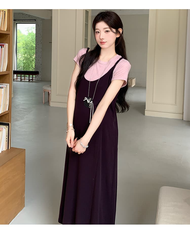 실사 지금 여름 신제품 핑크색 반팔 티셔츠 느긋한 바람 품격 멜빵 치마 세트 상세 이미지 18