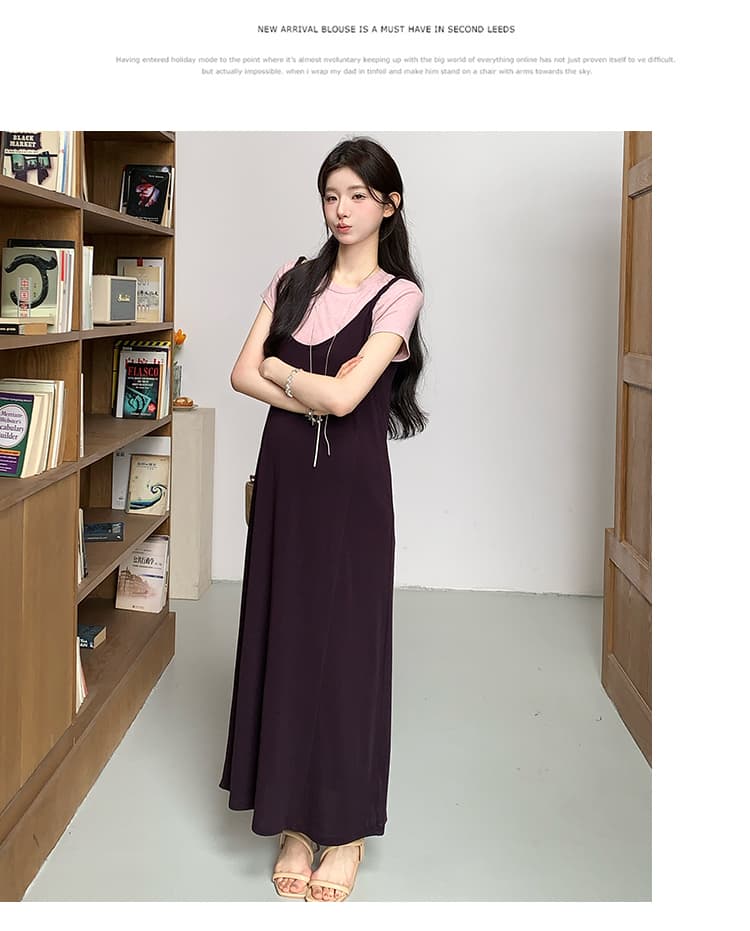 실사 지금 여름 신제품 핑크색 반팔 티셔츠 느긋한 바람 품격 멜빵 치마 세트 상세 이미지 19