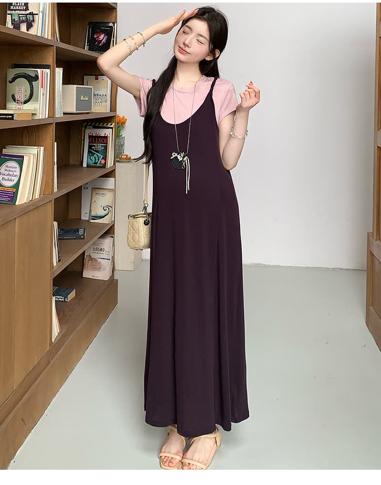실사 지금 여름 신제품 핑크색 반팔 티셔츠 느긋한 바람 품격 멜빵 치마 세트 상세 이미지 25