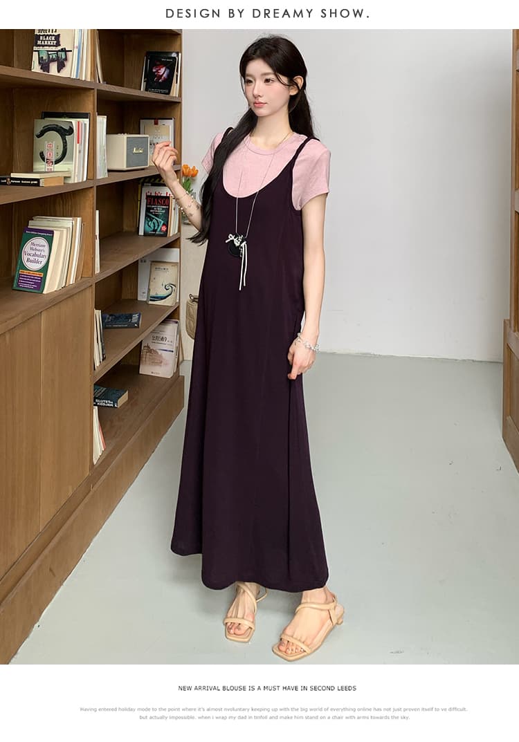 실사 지금 여름 신제품 핑크색 반팔 티셔츠 느긋한 바람 품격 멜빵 치마 세트 상세 이미지 26