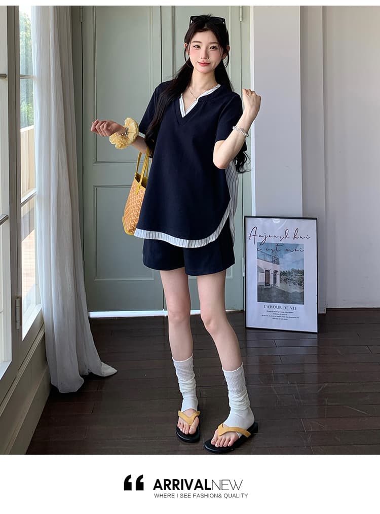 실사 지금 여름 신제품 V넥 한국 스타일 맨위 반바지 세트 상세 이미지 43