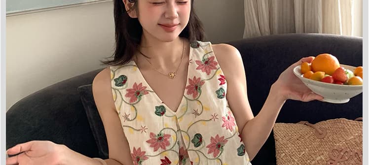 지금 여름 신제품 자수 한국 스타일 민소매 맨위 와이드 레그 팬츠 상세 이미지 5
