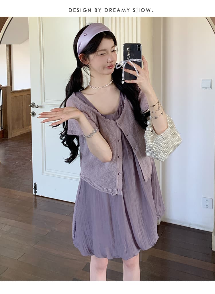 실사 지금 여름 신제품 보라색 조끼 꽃밭 치마 보라색 오픈 가디건 투피스 세트 상세 이미지 26
