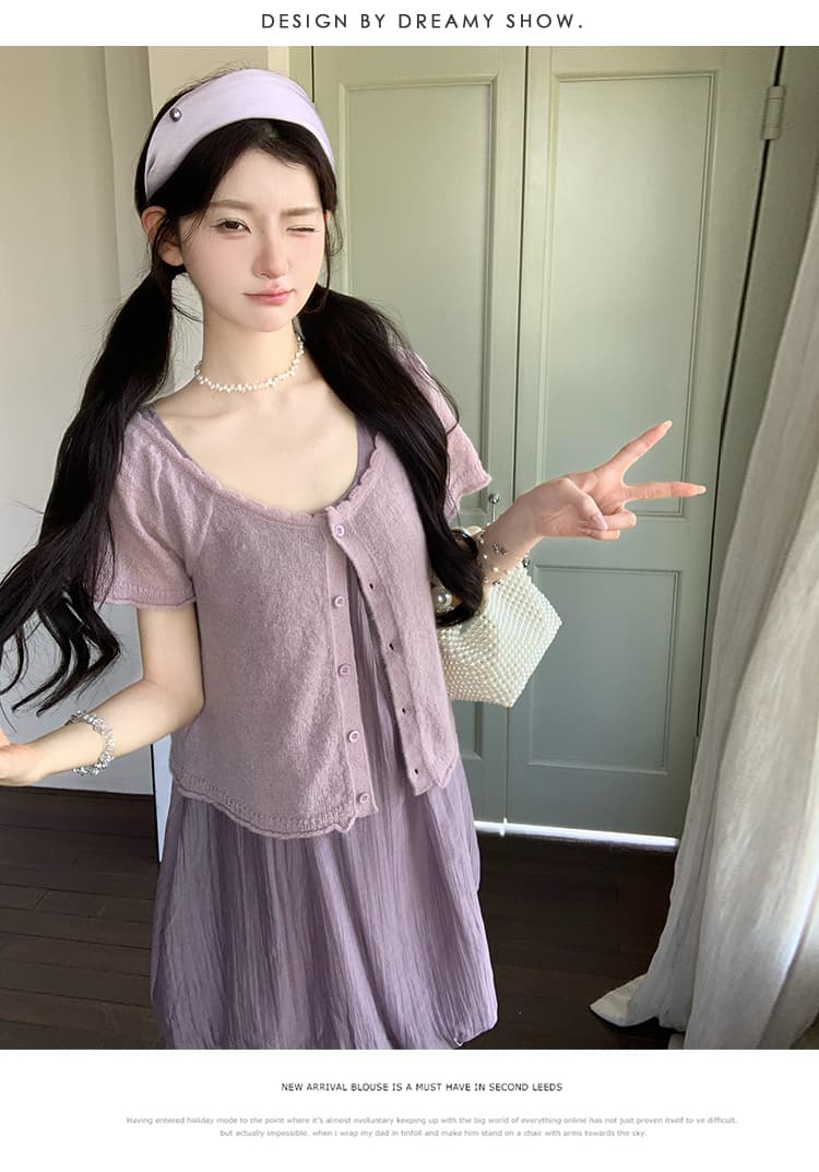 실사 지금 여름 신제품 보라색 조끼 꽃밭 치마 보라색 오픈 가디건 투피스 세트 상세 이미지 28