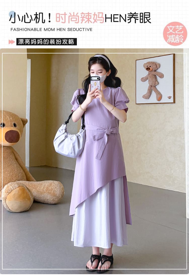 실사 지금 여름 신제품 한국 스타일 보라색 디자인 센스 빅 사이즈 임산부 드레스 상세 이미지 1