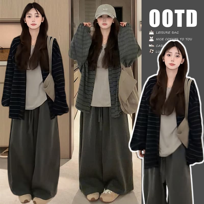 지금 가을 새로운 캐주얼 편안함 스트라이프 재킷 티셔츠 와이드 레그 팬츠 3종 세트 이미지 2