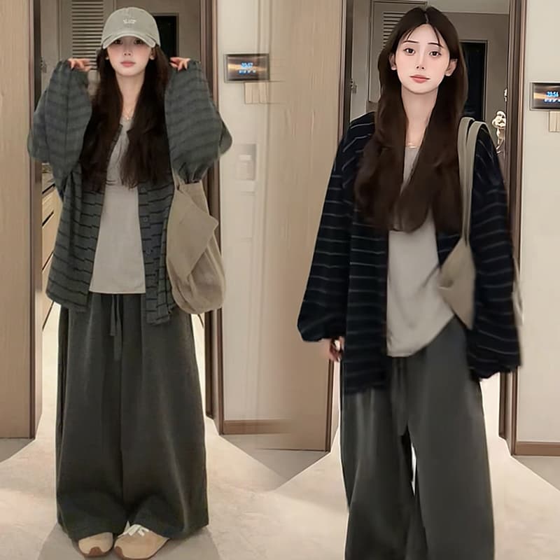 지금 가을 새로운 캐주얼 편안함 스트라이프 재킷 티셔츠 와이드 레그 팬츠 3종 세트 이미지 4