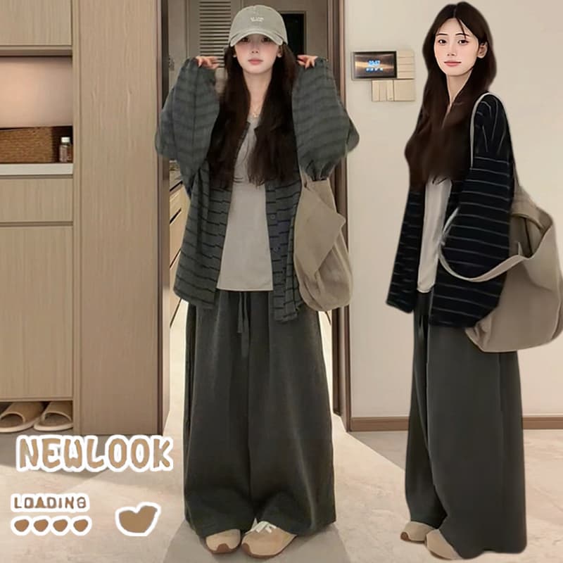 지금 가을 새로운 캐주얼 편안함 스트라이프 재킷 티셔츠 와이드 레그 팬츠 3종 세트 이미지 3