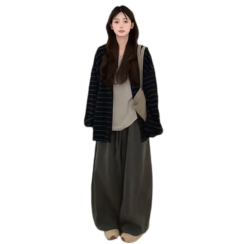 지금 가을 새로운 캐주얼 편안함 스트라이프 재킷 티셔츠 와이드 레그 팬츠 3종 세트 이미지 6