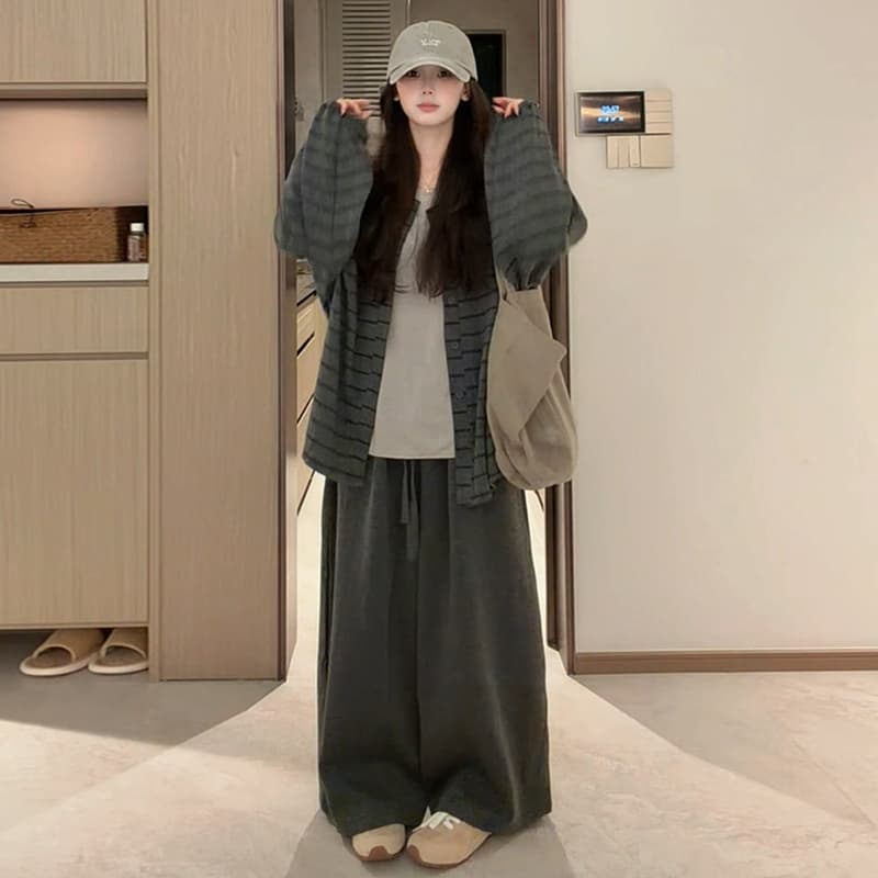 지금 가을 새로운 캐주얼 편안함 스트라이프 재킷 티셔츠 와이드 레그 팬츠 3종 세트 이미지 5