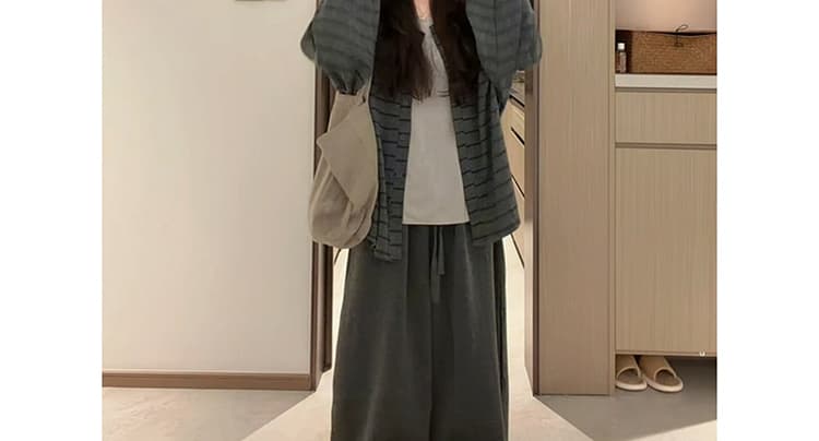 지금 가을 새로운 캐주얼 편안함 스트라이프 재킷 티셔츠 와이드 레그 팬츠 3종 세트 상세 이미지 17