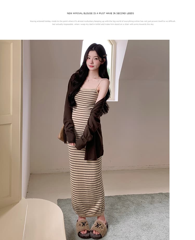 실사 지금 가을 신제품 높은 품질 에디션 매운맛 엄마 스트라이프 슬림해 보이는 니트 드레스 스웨터 카디건 코트 상세 이미지 14