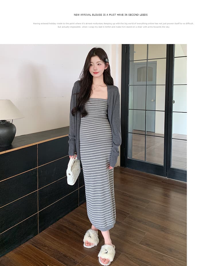 실사 지금 가을 신제품 높은 품질 에디션 매운맛 엄마 스트라이프 슬림해 보이는 니트 드레스 스웨터 카디건 코트 상세 이미지 44