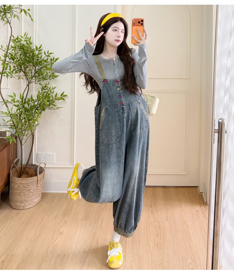 실사 지금 가을 신제품 편안함 다용도 맨위 데님 느긋한 바람 멜빵 바지 세트 상세 이미지 14