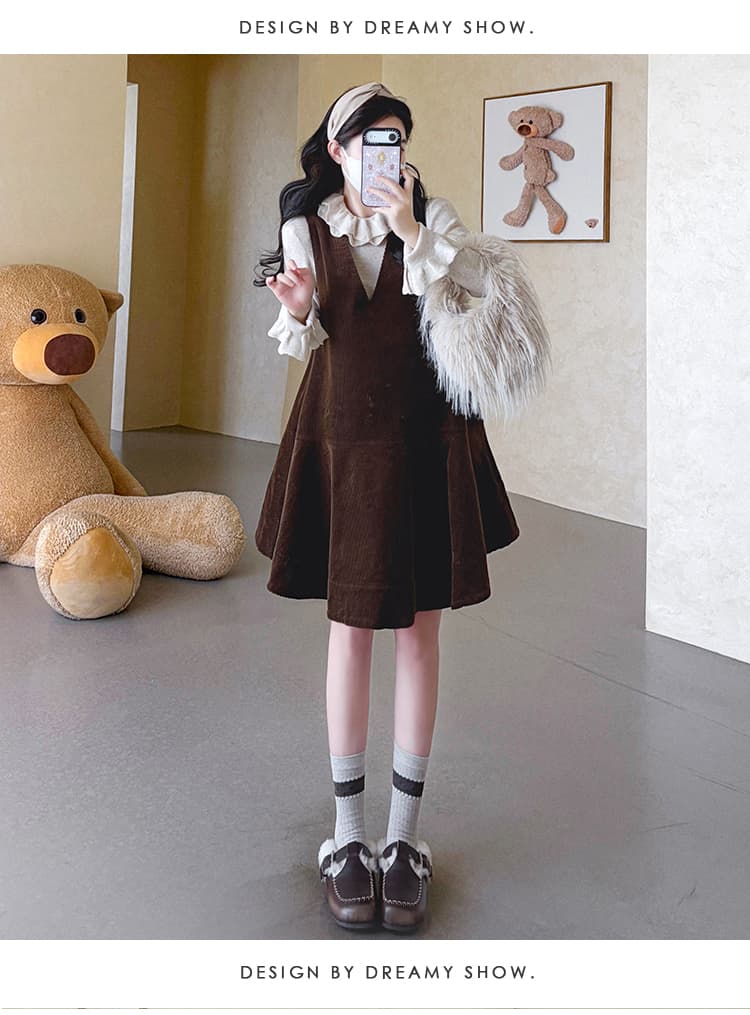 실사 지금 가을 겨울 디자인 센스 맨위 프랑스식 V넥 인형 치마 연령 감소 세트 상세 이미지 18