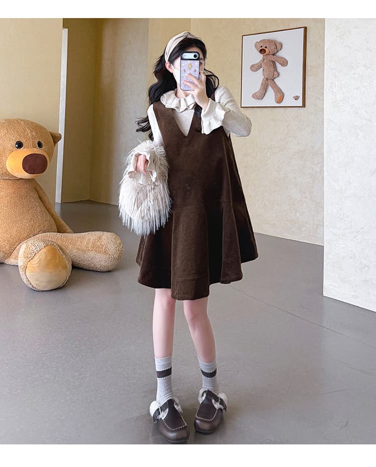 실사 지금 가을 겨울 디자인 센스 맨위 프랑스식 V넥 인형 치마 연령 감소 세트 상세 이미지 20