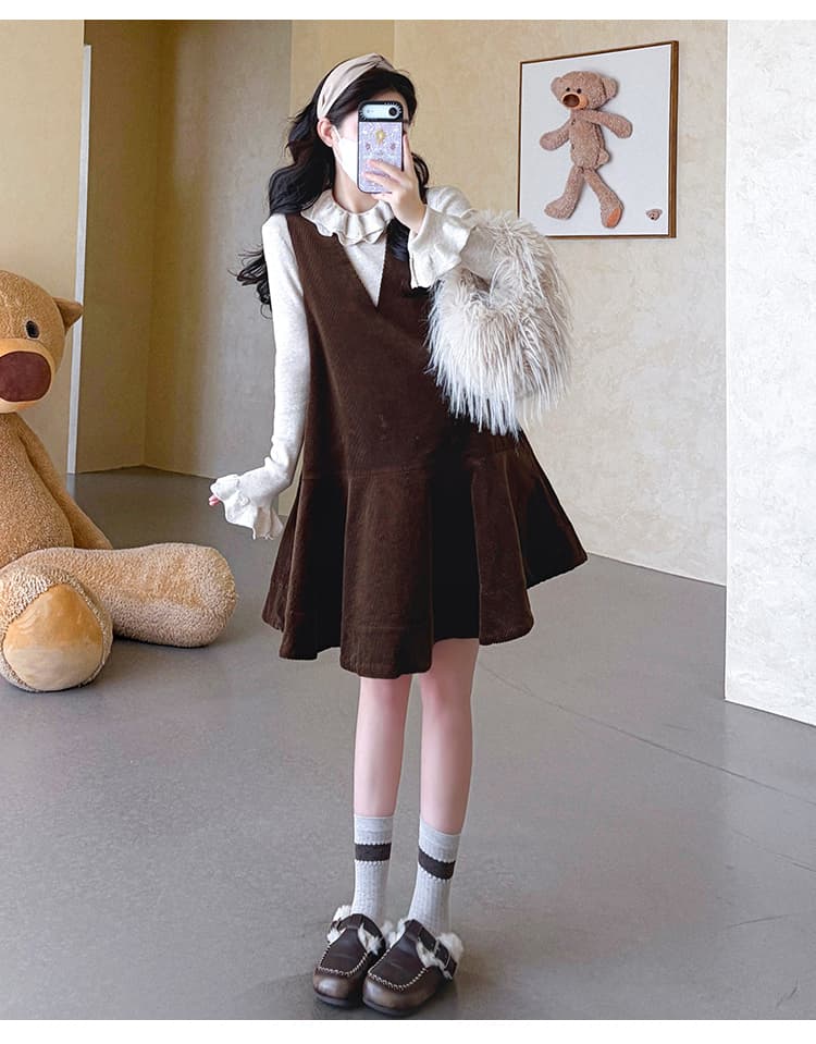 실사 지금 가을 겨울 디자인 센스 맨위 프랑스식 V넥 인형 치마 연령 감소 세트 상세 이미지 23