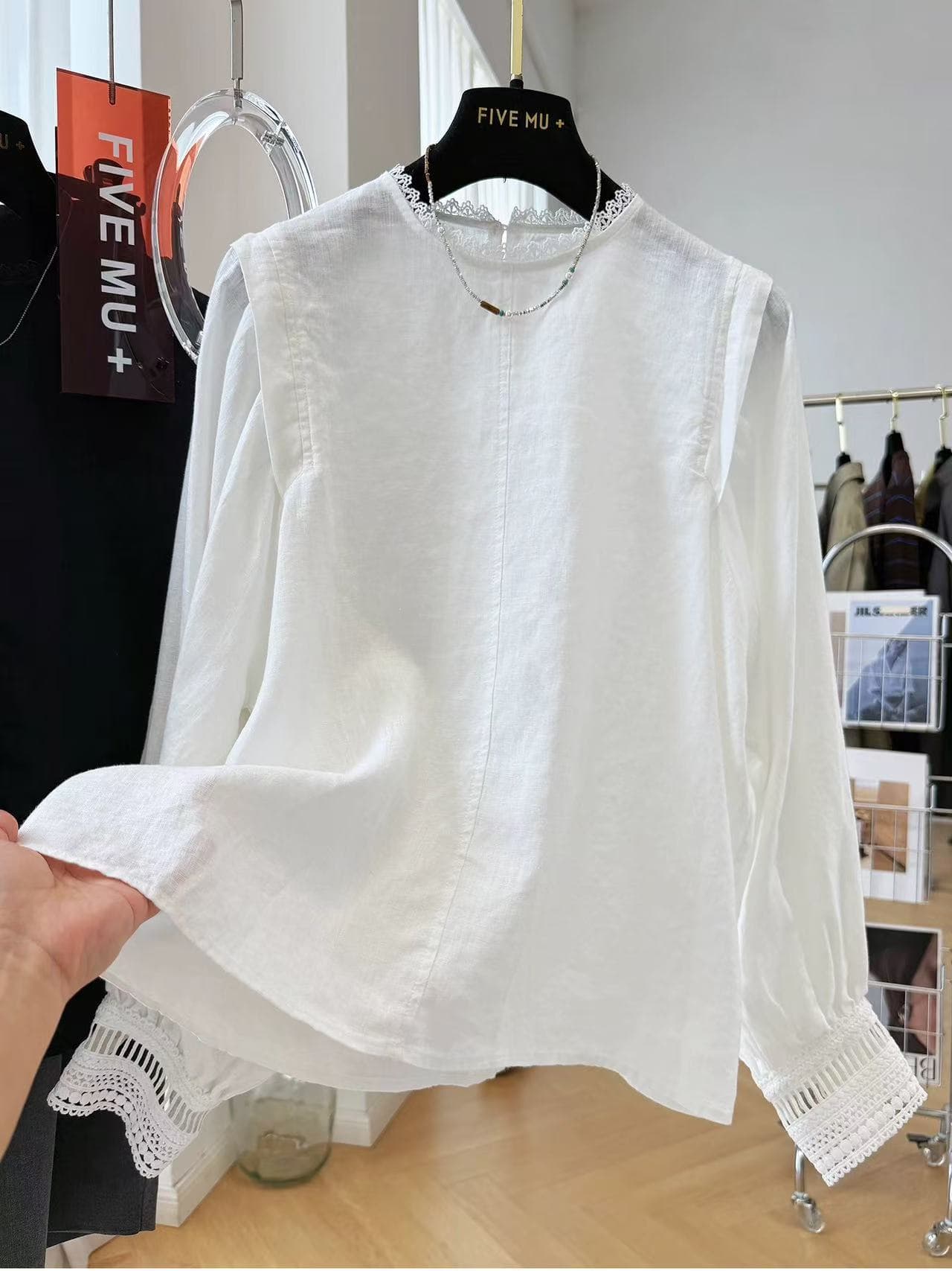 한 부서 고급 센스 레이스 레이스 고급 순수 린넨 긴팔 라운드 넥 여성 셔츠 조기 가을 품격 작은 셔츠 맨위 상세 이미지 11
