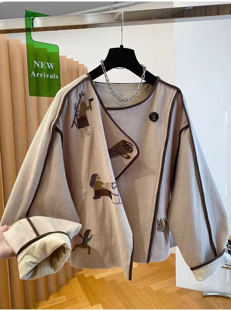 오래된 돈 바람 면 린넨 아마 여성 코트 봄 가을 2025 새로운 루즈핏 캐주얼 자수 고유 한 Chic 재킷 맨위 상세 이미지 6