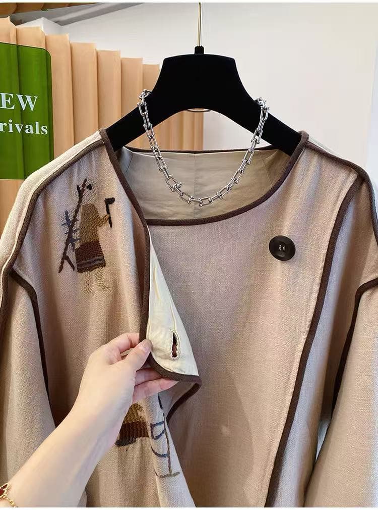 오래된 돈 바람 면 린넨 아마 여성 코트 봄 가을 2025 새로운 루즈핏 캐주얼 자수 고유 한 Chic 재킷 맨위 상세 이미지 7