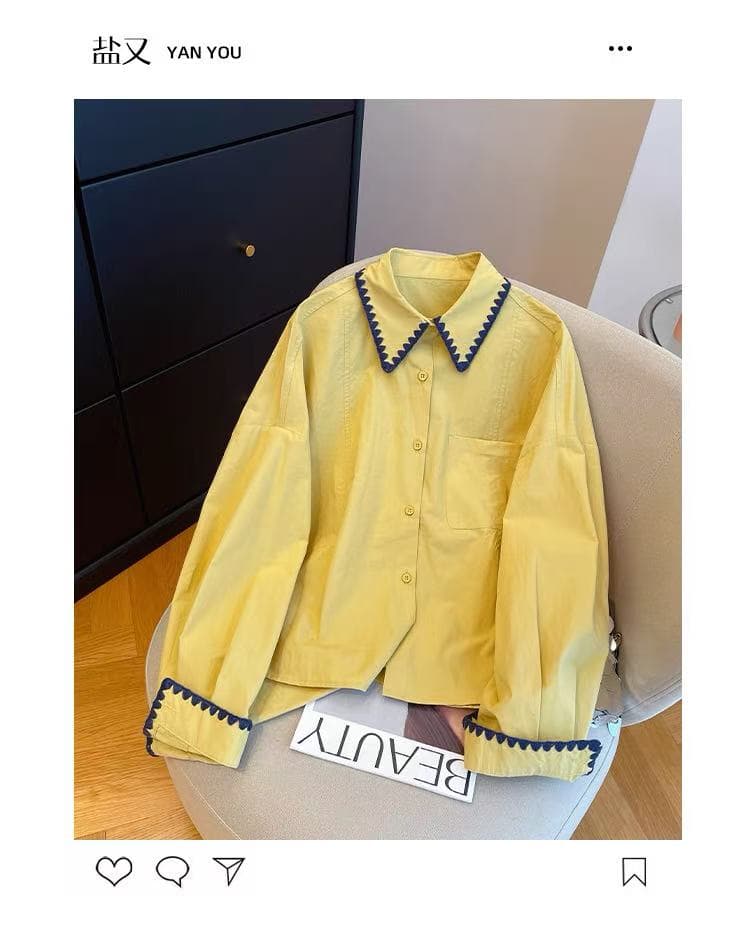 한 인사이드 한 가스 황색 긴팔 여성 셔츠 이른 가을 2026 새로운 루즈핏 배색 Chic 레이스 패치워크 셔츠 상세 이미지 3