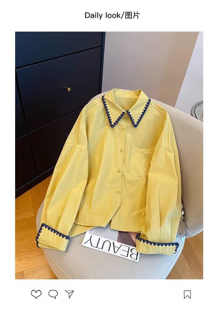 한 인사이드 한 가스 황색 긴팔 여성 셔츠 이른 가을 2026 새로운 루즈핏 배색 Chic 레이스 패치워크 셔츠 상세 이미지 5