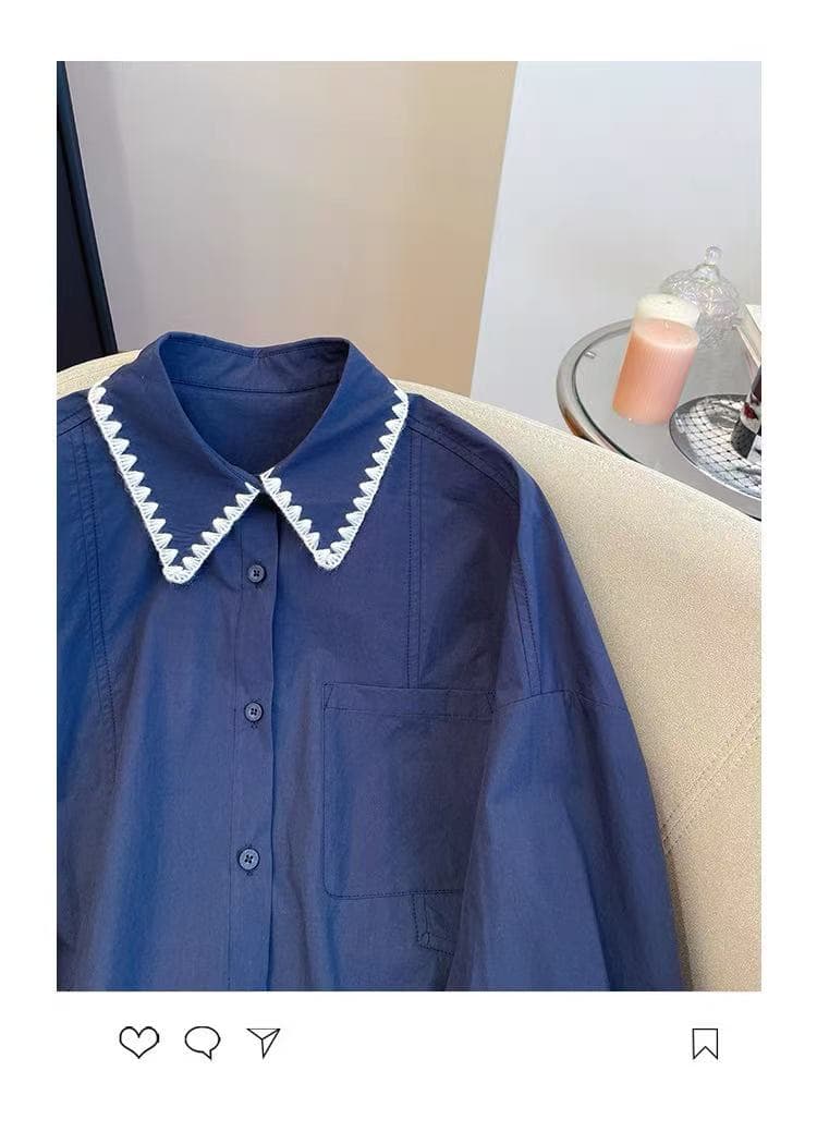 한 인사이드 한 가스 황색 긴팔 여성 셔츠 이른 가을 2026 새로운 루즈핏 배색 Chic 레이스 패치워크 셔츠 상세 이미지 13