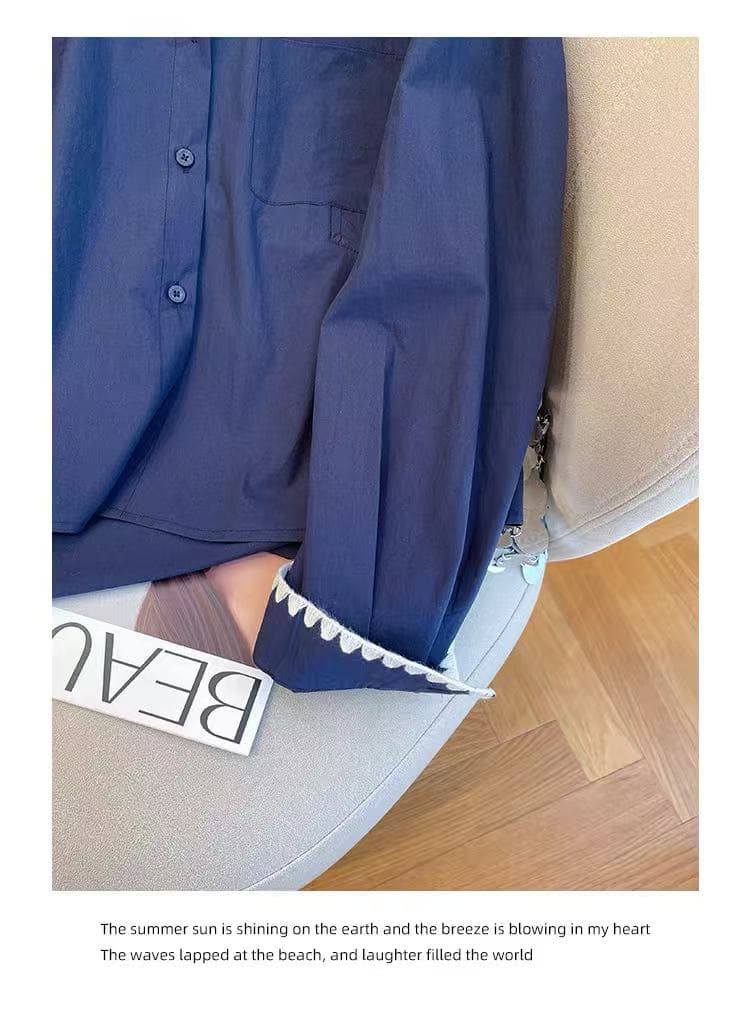 한 인사이드 한 가스 황색 긴팔 여성 셔츠 이른 가을 2026 새로운 루즈핏 배색 Chic 레이스 패치워크 셔츠 상세 이미지 15