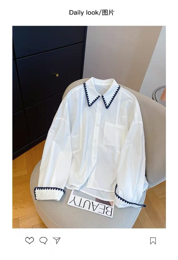 한 인사이드 한 가스 황색 긴팔 여성 셔츠 이른 가을 2026 새로운 루즈핏 배색 Chic 레이스 패치워크 셔츠 상세 이미지 17