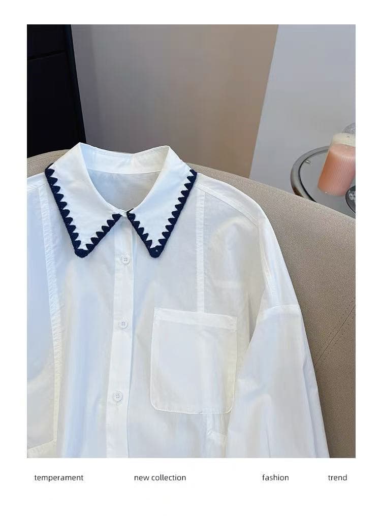 한 인사이드 한 가스 황색 긴팔 여성 셔츠 이른 가을 2026 새로운 루즈핏 배색 Chic 레이스 패치워크 셔츠 상세 이미지 19