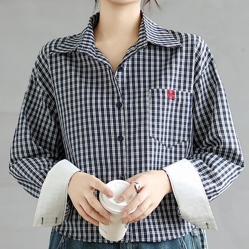 2026 슈퍼 화재 새로운 레트로 한 부서 쇼트 스타일 체크무늬 긴팔 여성 셔츠 봄 가을 품격 슈퍼 잘 생긴 품격 맨위 이미지 5