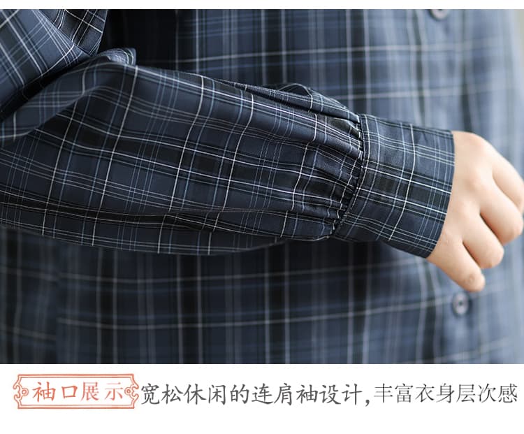 한 부서 파란색 체크무늬 여성 셔츠 2026 새로운 가을 루즈핏 캐주얼 라운드 넥 프릴 슈퍼 잘 생긴 맨위 상세 이미지 5