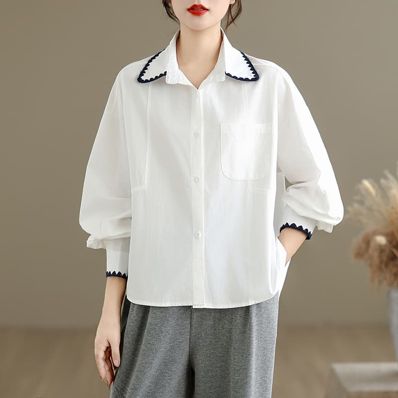 한 인사이드 한 가스 황색 긴팔 여성 셔츠 이른 가을 2026 새로운 루즈핏 배색 Chic 레이스 패치워크 셔츠 이미지 4