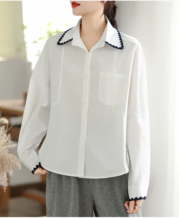 한 인사이드 한 가스 황색 긴팔 여성 셔츠 이른 가을 2026 새로운 루즈핏 배색 Chic 레이스 패치워크 셔츠 상세 이미지 9