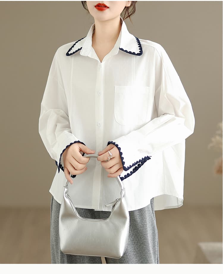 한 인사이드 한 가스 황색 긴팔 여성 셔츠 이른 가을 2026 새로운 루즈핏 배색 Chic 레이스 패치워크 셔츠 상세 이미지 11