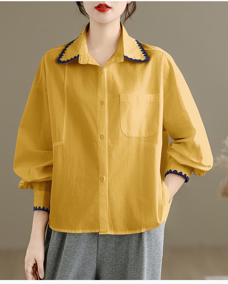 한 인사이드 한 가스 황색 긴팔 여성 셔츠 이른 가을 2026 새로운 루즈핏 배색 Chic 레이스 패치워크 셔츠 상세 이미지 14