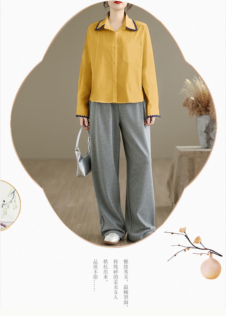 한 인사이드 한 가스 황색 긴팔 여성 셔츠 이른 가을 2026 새로운 루즈핏 배색 Chic 레이스 패치워크 셔츠 상세 이미지 16
