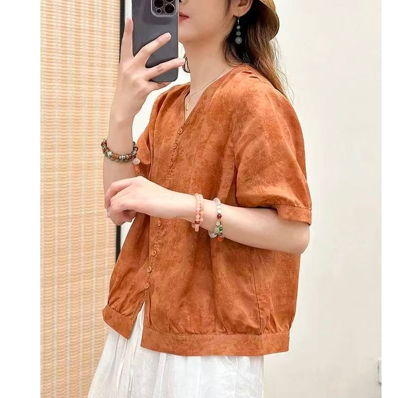 문예 라미 반팔 여성 셔츠 여름 2026 새로운 빅 사이즈 다용도 셔츠 루즈핏 캐주얼 V넥 맨위 여성 상세 이미지 8